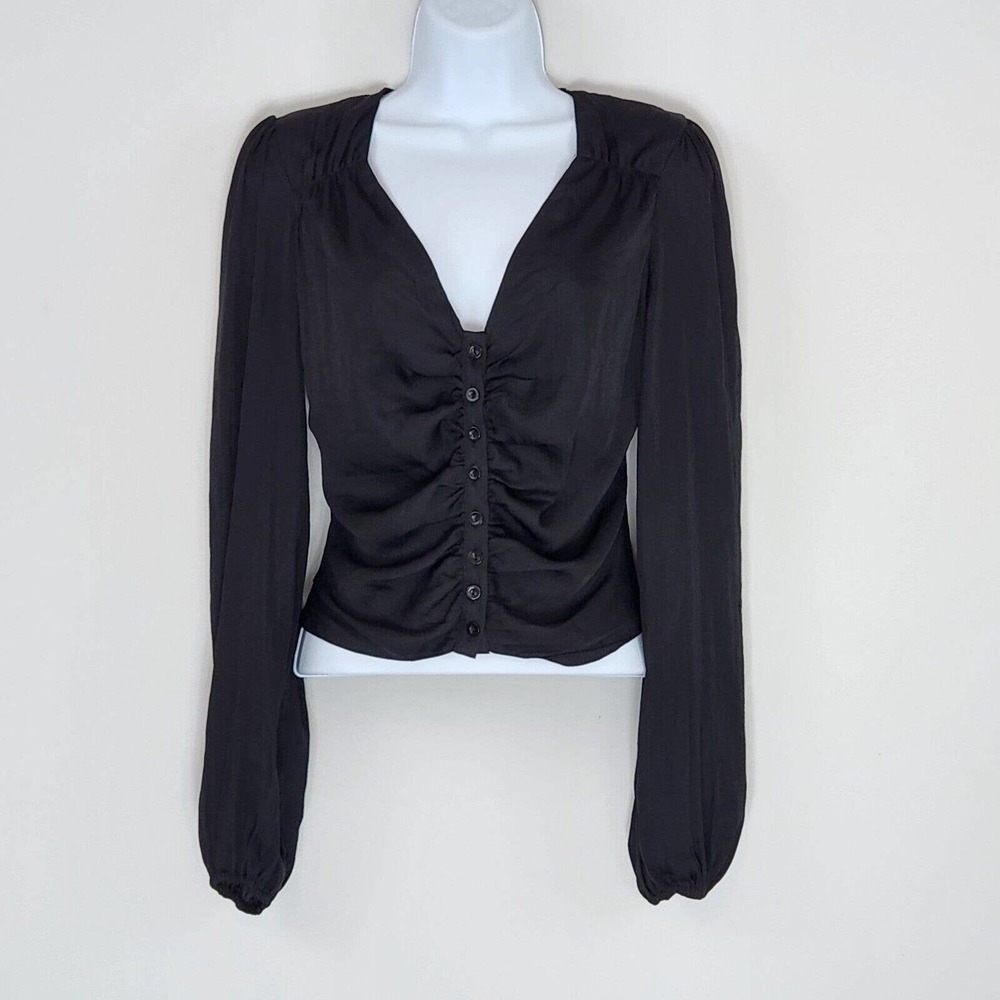 Carly Jean Los Angeles Long Sleeve Button-Front Peasant Top Solid Black Size S